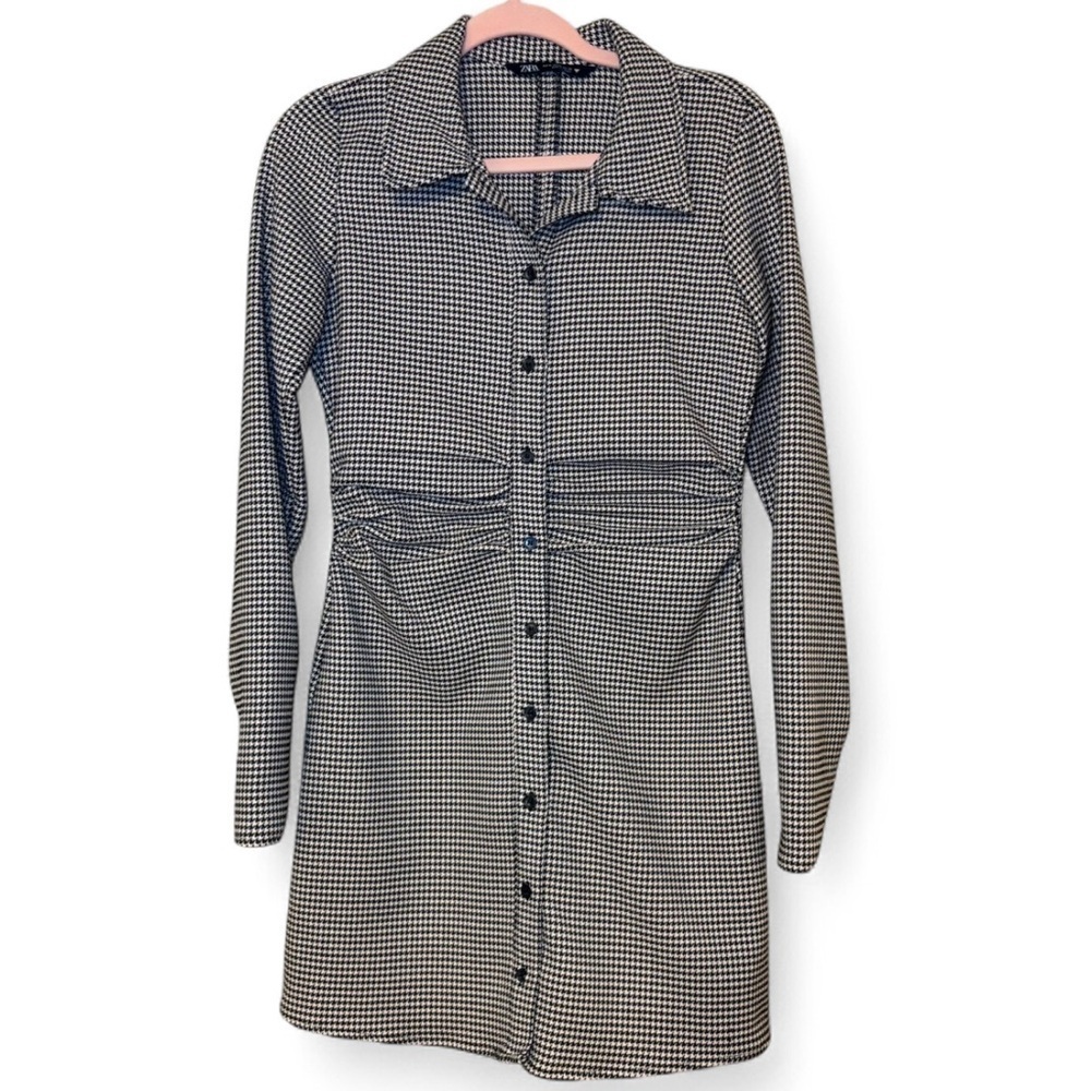 Zara Houndstooth Mini Dress Jacket Womens Size Medium Polyester Button Length 34